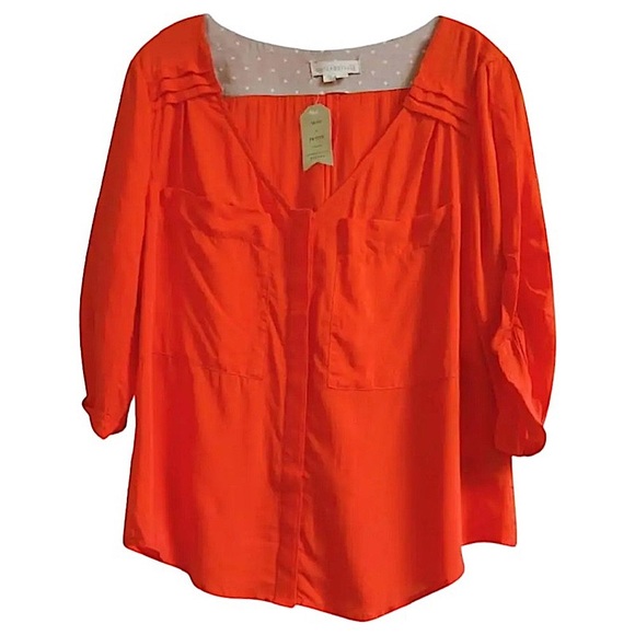 Anthropologie Drapey Pleated Henley Top P10 Petite Large Red Front Pocket Blouse - Picture 8 of 16
